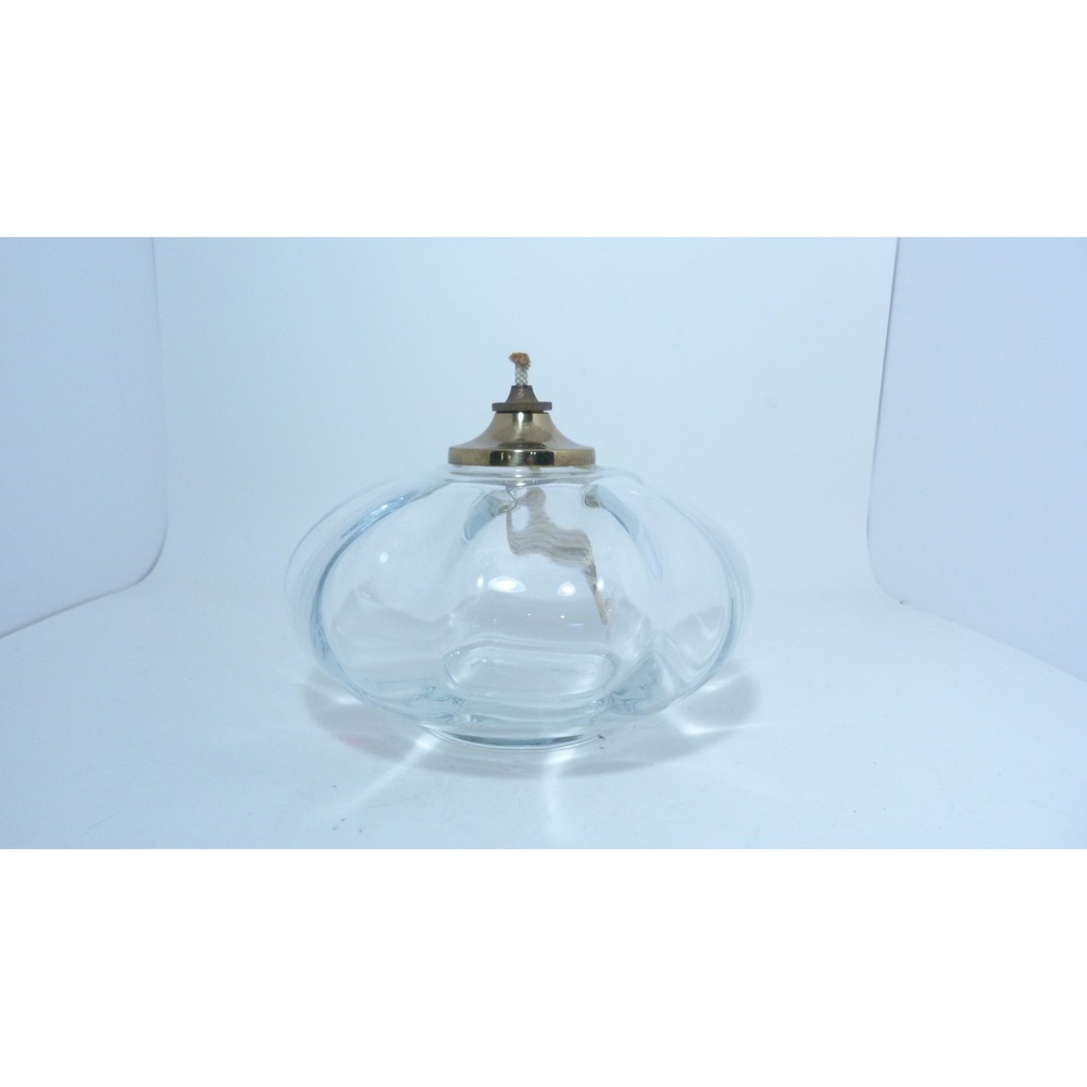 Vintage Handblown Clear Scalloped Glass Oil Lamp with Brass Wick Holder 7.5in